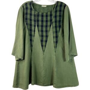 Sooniya Women's Lagenlook Green Plaid Flowy Tencel Tunic Top 3/4 Sleeves Size S